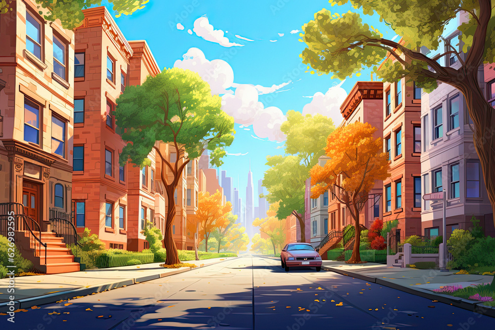 street of brooklyn in cartoon style illustration, ai generative