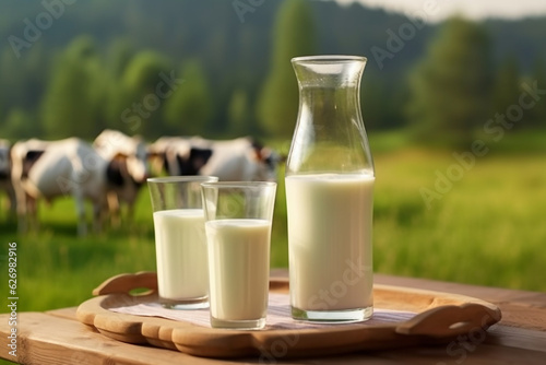 Fresh milk on wooden table with cows on meadow background.Generative Ai.