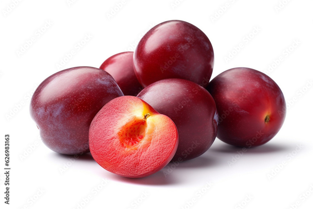 Red Plum fruits isolated on white background.Generative Ai. Red Plum fruits isolated on white background.Generative Ai.