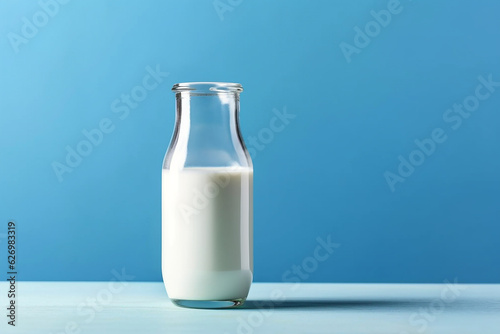 Fresh milk on wooden table with blue background.Generative Ai.