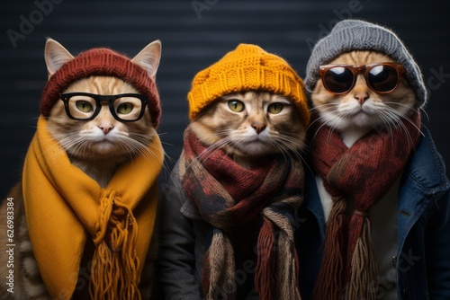 A group of cool cats wearing trendy glasses, scarves, and hats, striking a pose that oozes feline fashion. Generative Ai © bluebeat76