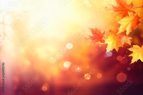 Beautiful autumn leaves in fall sunny day in foreground and blurry background. Generative AI.	
