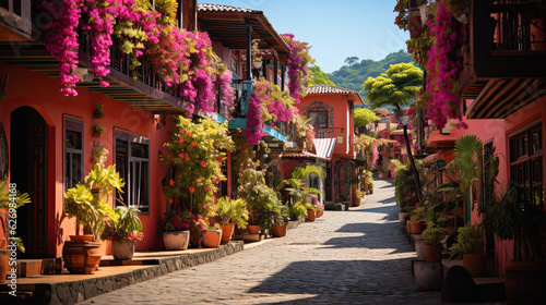 In pink style, capture the vibrant essence of Costa Rica with its pink houses and colorful streets. Generative ai, ai, generative