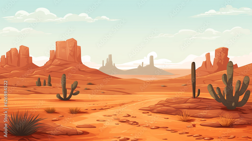 An illustration of a dry desert with only a few types of plants such as cactus. Hot and dry weather. There is an off-road route.
