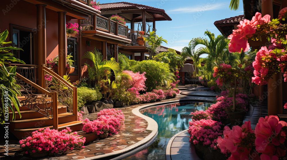 In pink  style, capture the vibrant essence of Costa Rica with its pink houses and colorful streets. Generative ai, ai, generative