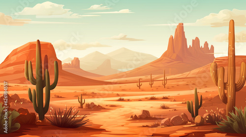 Stampa su tela An illustration of a dry desert with only a few types of plants such as cactus