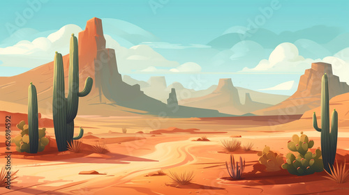 An illustration of a dry desert with only a few types of plants such as cactus. Hot and dry weather. There is an off-road route. 