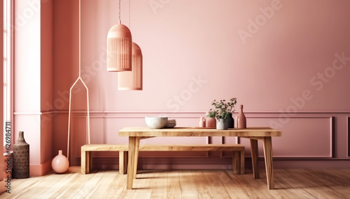 Room in shades of pink with minimalist decor. AI generated © Alicina