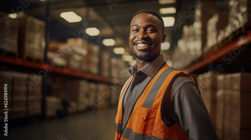 Warehouse worker in a special uniform against the background of racks with parcels.