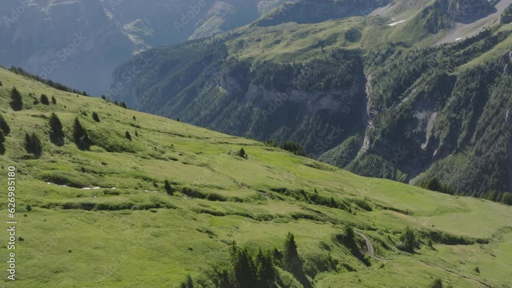 Aerial drone view of alpine landscape and snow capped mountains behind Aerial drone view of alpine landscape and snow capped mountains behind