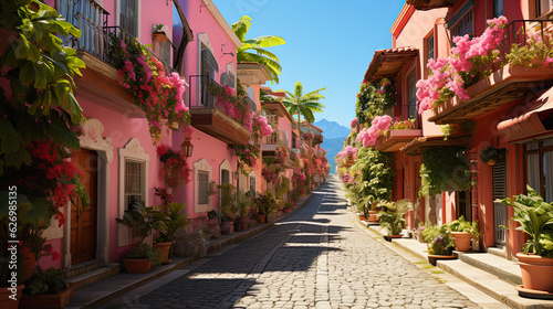 In pink  style, capture the vibrant essence of Costa Rica with its pink houses and colorful streets. Generative ai, ai, generative © ZoomTeam