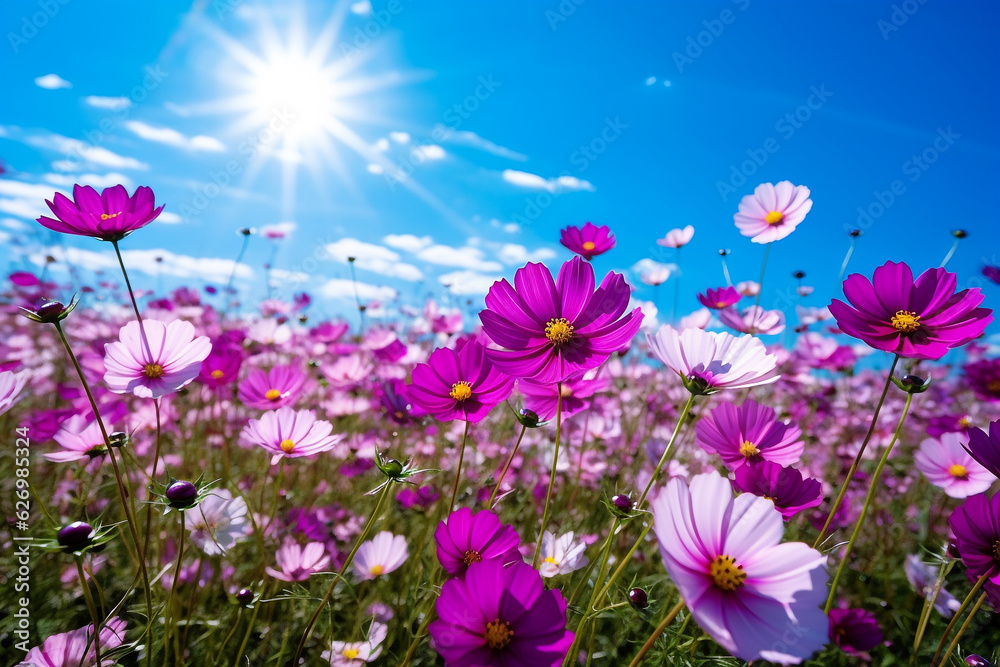 Colorful Cosmos field with blue sky.Generative Ai.