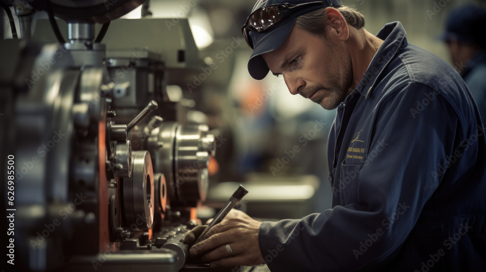 Workers in an engine factory. Workers in an engine factory.