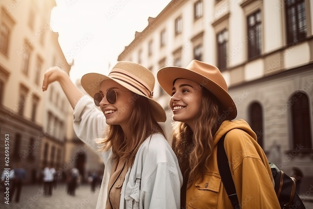 Tourists exploring travel destination city, friend trip