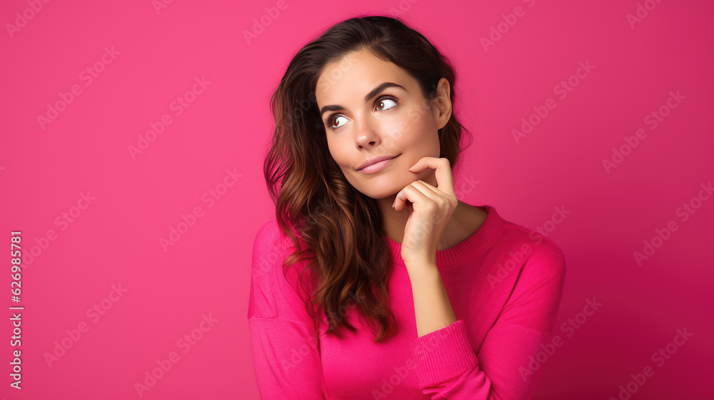 Young thoughtful woman on pink background looking away. Young thoughtful woman on pink background looking away.