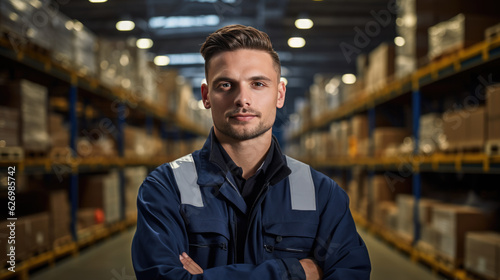 Warehouse worker in a special uniform against the background of racks with parcels. © MP Studio