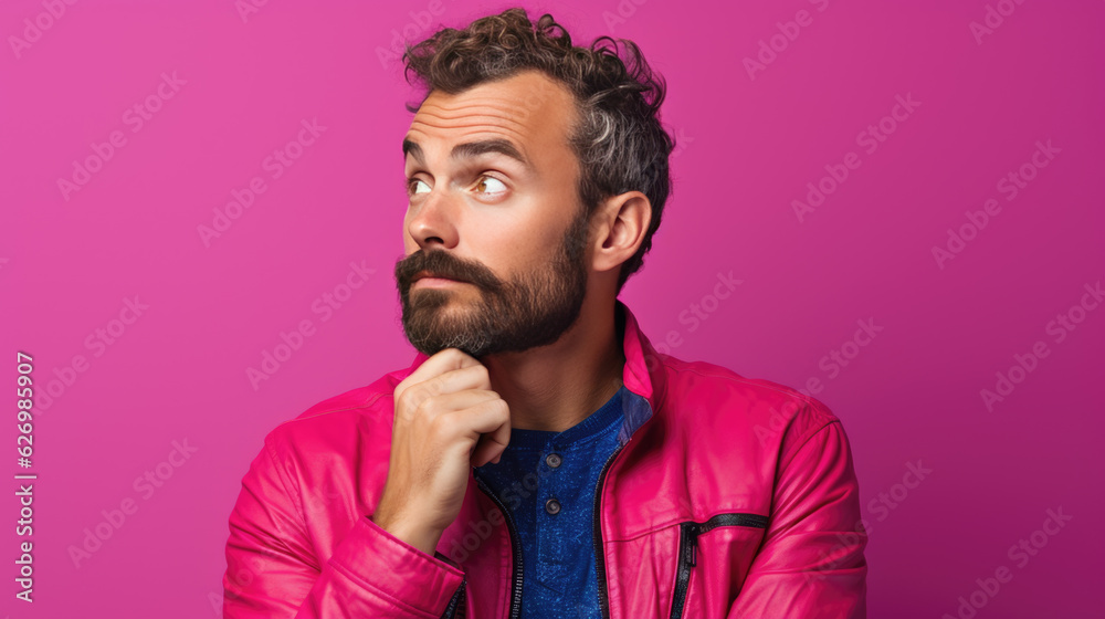 Thoughtful woman on pink background looking away. Thoughtful woman on pink background looking away.