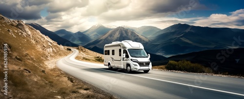 an rv on mountain terrain traveling down the road,