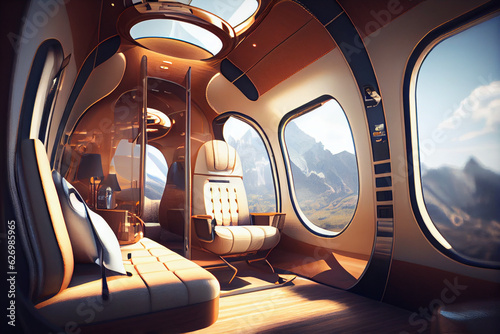 Leather interior of luxury private helicopter cabin. Abstract illustration generated by artificial intelligence.