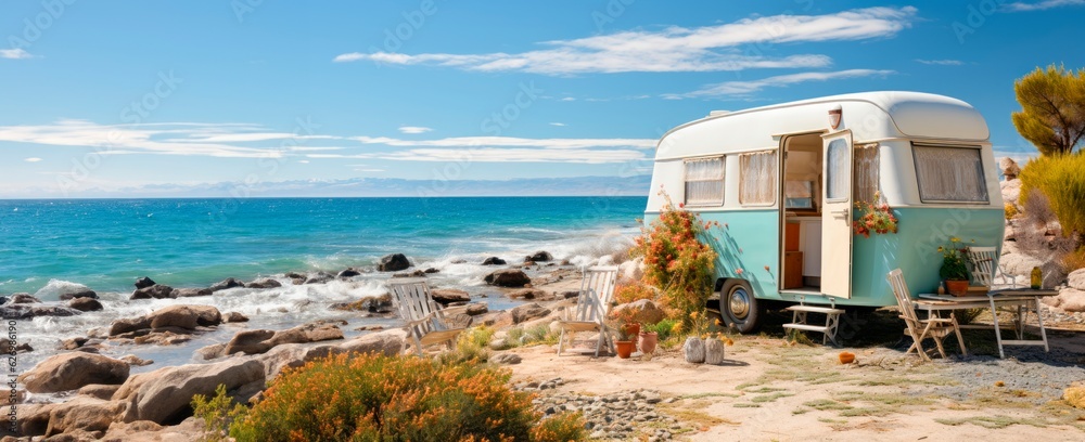Fototapeta premium a caravan next to the ocean in a sunny summer day