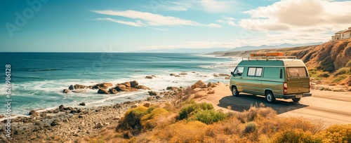 a camper van on a dirt road next to a rocky cliff and ocean,