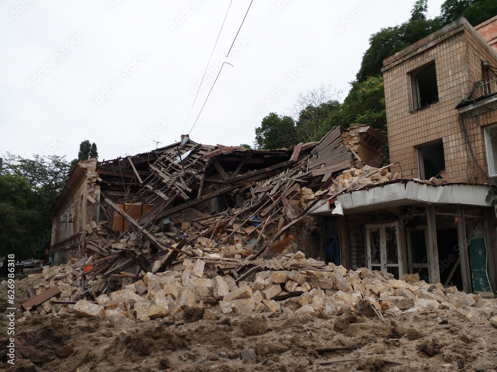 Destroyed house in Odessa after shelling by Russian missiles, war in Ukraine, ruins, collapse building