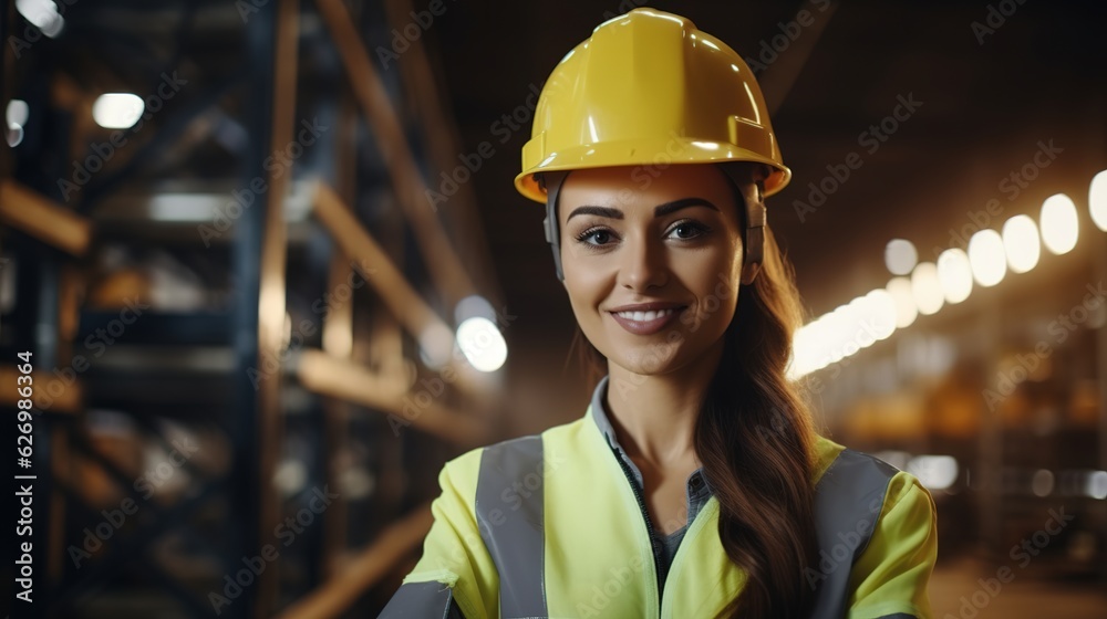 Waist up portrait of cheerful young woman wearing hardhat smiling happily looking at camera while posing confidently in production workshop, copy space with generative ai Waist up portrait of cheerful young woman wearing hardhat smiling happily looking at camera while posing confidently in production workshop, copy space with generative ai