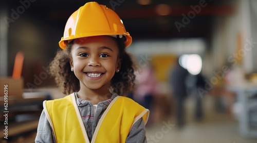 Waist up portrait of cheerful young woman wearing hardhat smiling happily looking at camera while posing confidently in production workshop, copy space with generative ai