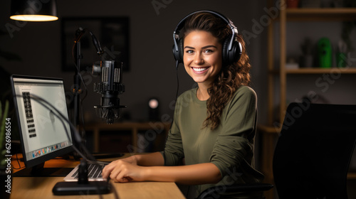Young woman records a podcast in her home office.