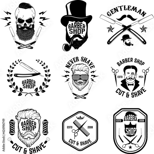 Barber shop emblems. Set of the barber tools. Different hairstyles. Design elements for logo, label, emblem, sign, badge.