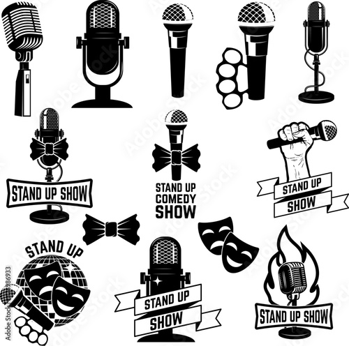 Stand up comedy show labels. Set of old style microphones. Design elements for logo, albel, emblem, sign. Vector illustration.
