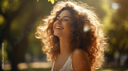 Beautiful young woman with curly hair smiling in nature on a sunny day.