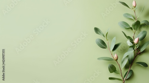 Fesh sprig of green ruskus with green leaves on a green color background with copy space. Generative AI 