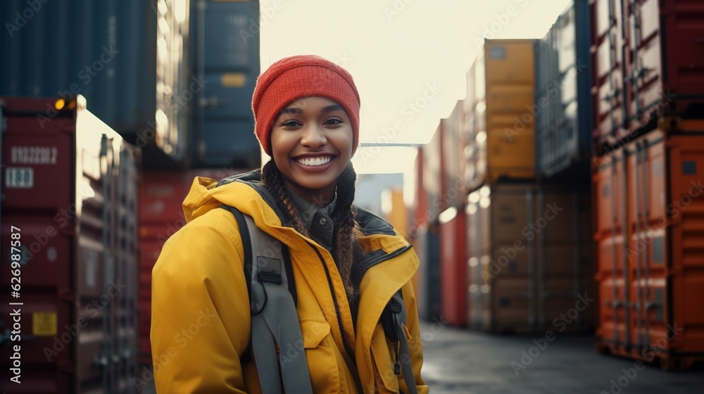 Young African American woman worker at overseas shipping container yard . Logistics supply chain management and international goods export concept with generative ai Young African American woman worker at overseas shipping container yard . Logistics supply chain management and international goods export concept with generative ai