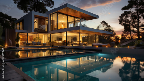modern home at dusk with reflecting swimming pool