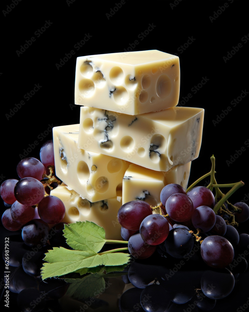 Photorealistic image of large chunks of blue cheese and bunches of black grapes Photorealistic image of large chunks of blue cheese and bunches of black grapes