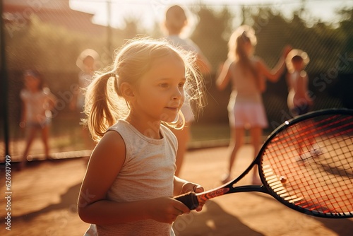 Girl with racket, kid play tennis - summer sport activity