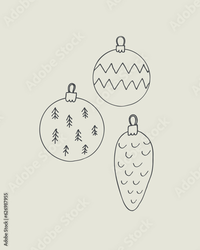 Christmas toys for congratulations Happy New Year minimalist style vector illustration. Ink drawn festive template for congratulations on winter holidays. Boho style background design element 