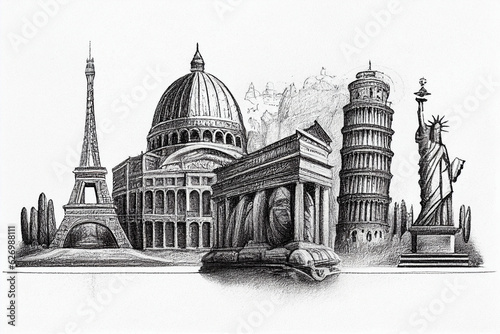 Famous travel world attractions, collection on white background, watercolor pencil illustration.