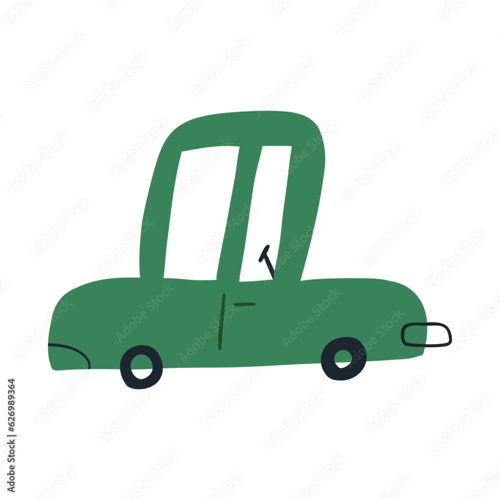 Cute hand drawn car, cartoon flat vector illustration isolated on white background. Funny car for kids and nursery designs. Transportation vehicle.