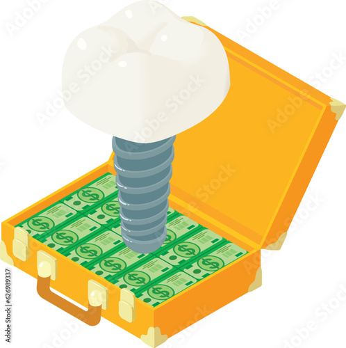 Tooth implantation icon isometric vector. Dental implant on dollar bill suitcase. Dentistry, stomatology, healthcare concept