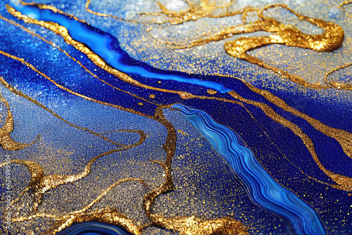 Blue and golden acrylic liquid ink swirl abstract background with ravishing turbulence wavy pattern and detailed texture. Luxury fluid liquid art by Generative AI.