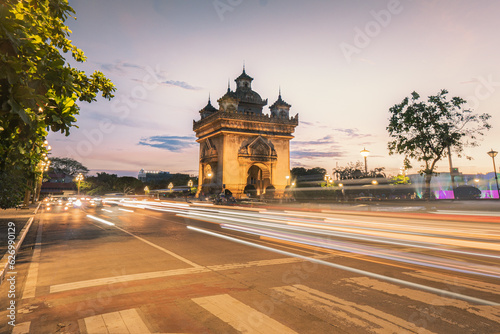 Sunset point at Patuxai in the capital Vientiane, Laos photo