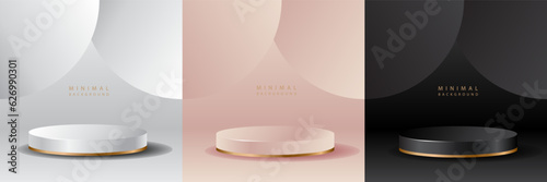 Luxury background with realistic cylinder pedestal podium. Abstract vector rendering geometric forms. Mockup product display. Stand to show products. Minimal wall scene. Stage showcase.