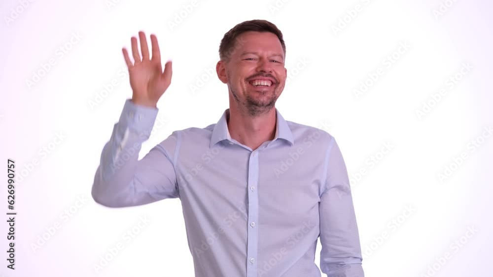 Friendly looking man takes off glasses and smiles cheerfully and walks away. Man refuses acommercial offer Friendly looking man takes off glasses and smiles cheerfully and walks away. Man refuses acommercial offer