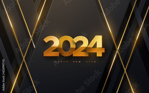 Happy New 2024 Year. Vector holiday illustration of golden numbers 2024 on black geometric background textured with gold glittering strokes.
