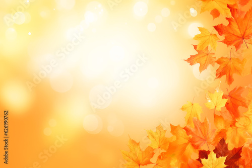 Beautiful autumn leaves in fall sunny day in foreground and blurry background. Generative AI.