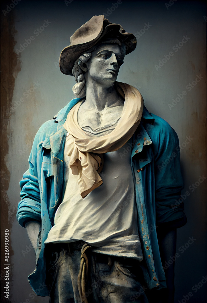 Antique sculpture, statue, dressed in modern casual casual clothes. AI generated. Antique sculpture, statue, dressed in modern casual casual clothes. AI generated.