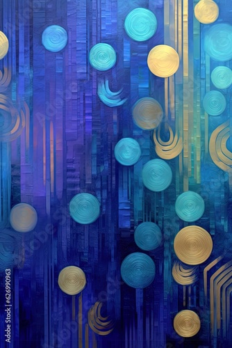 Abstract technology background, blue violet lines, blue golden circles for a luxury business science card. 