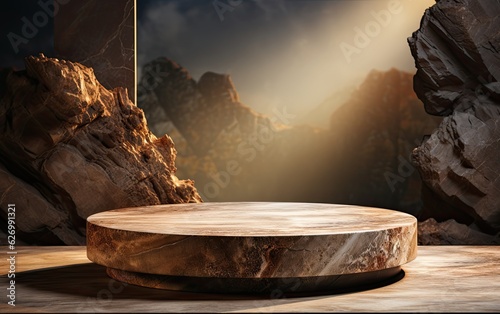 Stone podium for product display mockup. Natural rock texture podium display stand. Beauty cosmetic product, perfume, and natural product placement pedestal present minimal display concept.